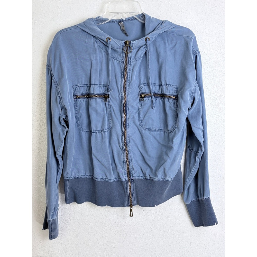 XCVI Zip Up Hooded Jacket Blue Utility Pocket Lightweight Petite PM